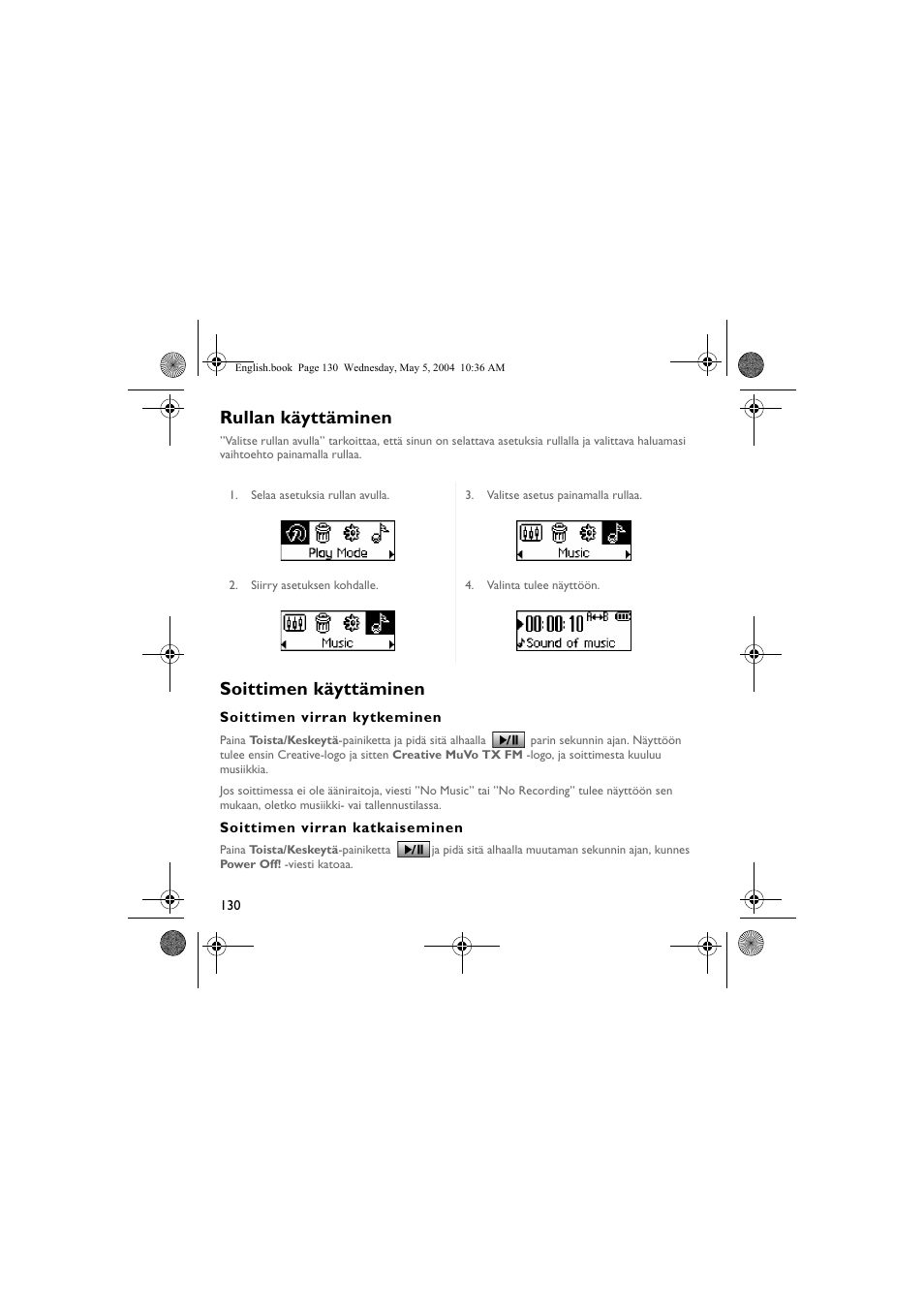 Rullan käyttäminen, Soittimen käyttäminen | Musica CD Player User Manual | Page 130 / 184