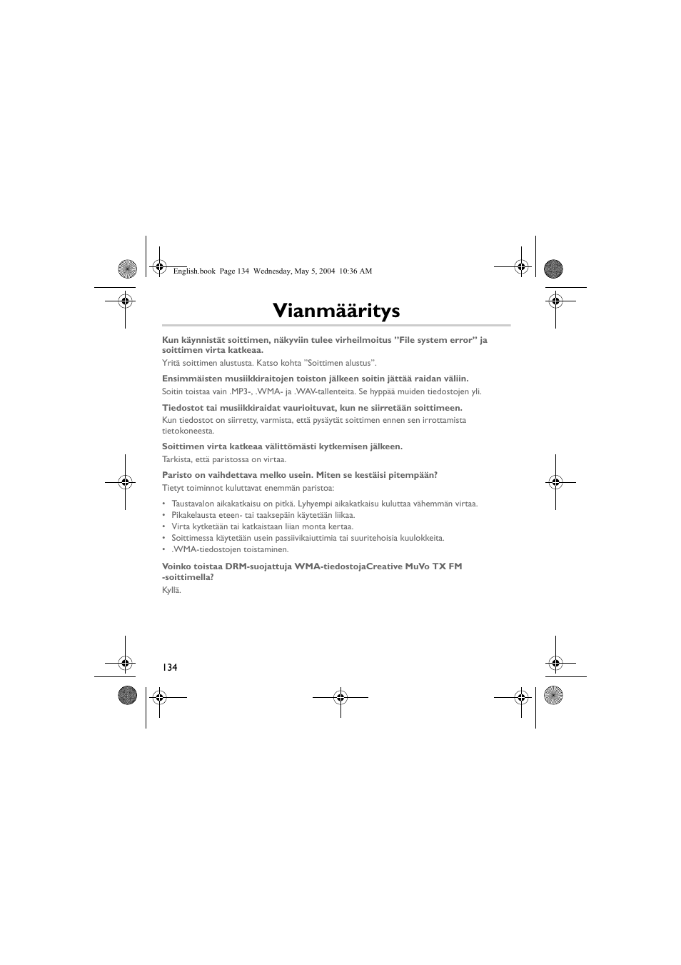 Vianmääritys | Musica CD Player User Manual | Page 134 / 184
