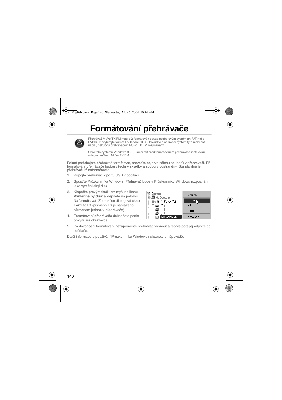 Formátování přehrávače | Musica CD Player User Manual | Page 140 / 184