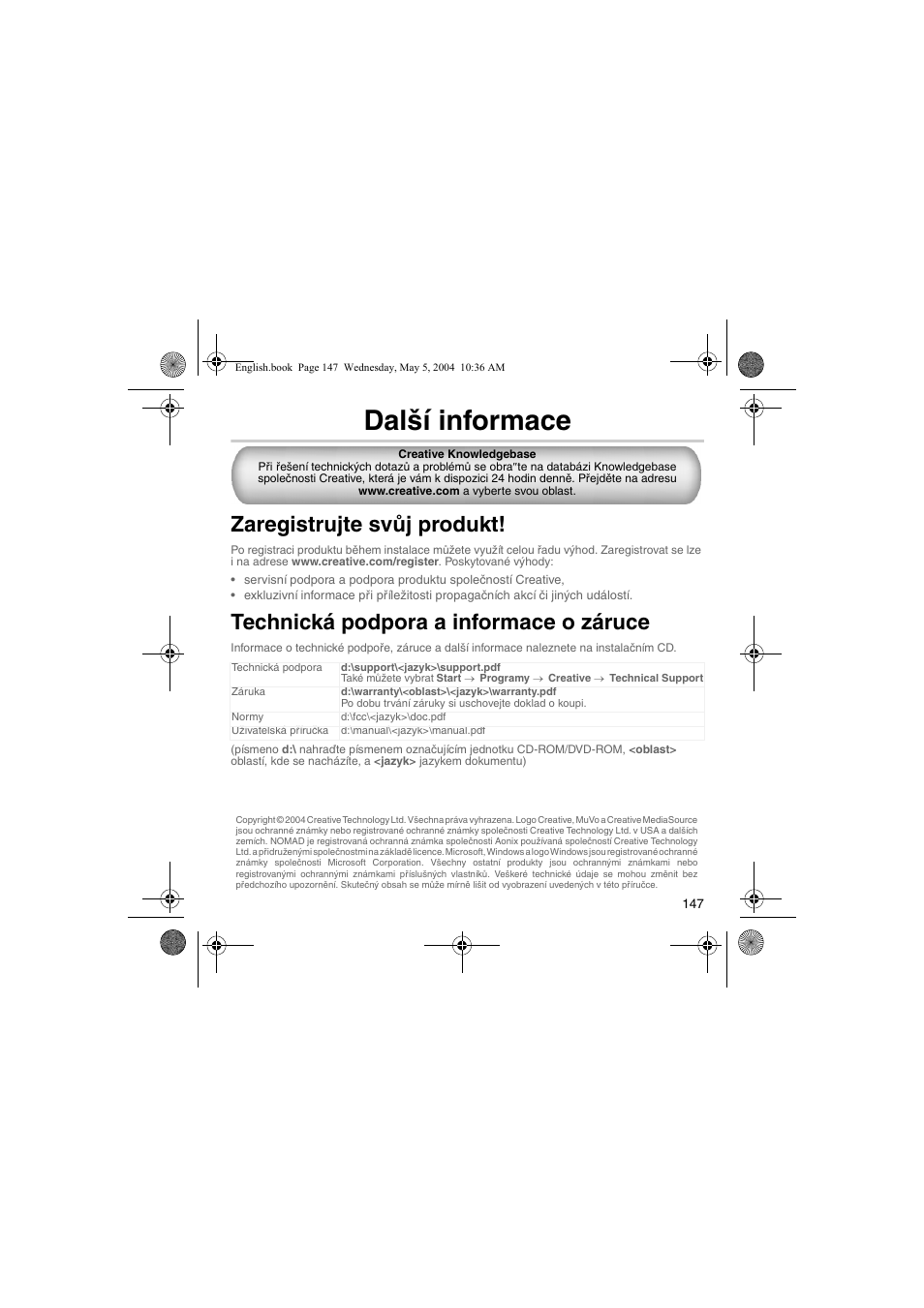 Další informace, Zaregistrujte svůj produkt, Technická podpora a informace o záruce | Musica CD Player User Manual | Page 147 / 184