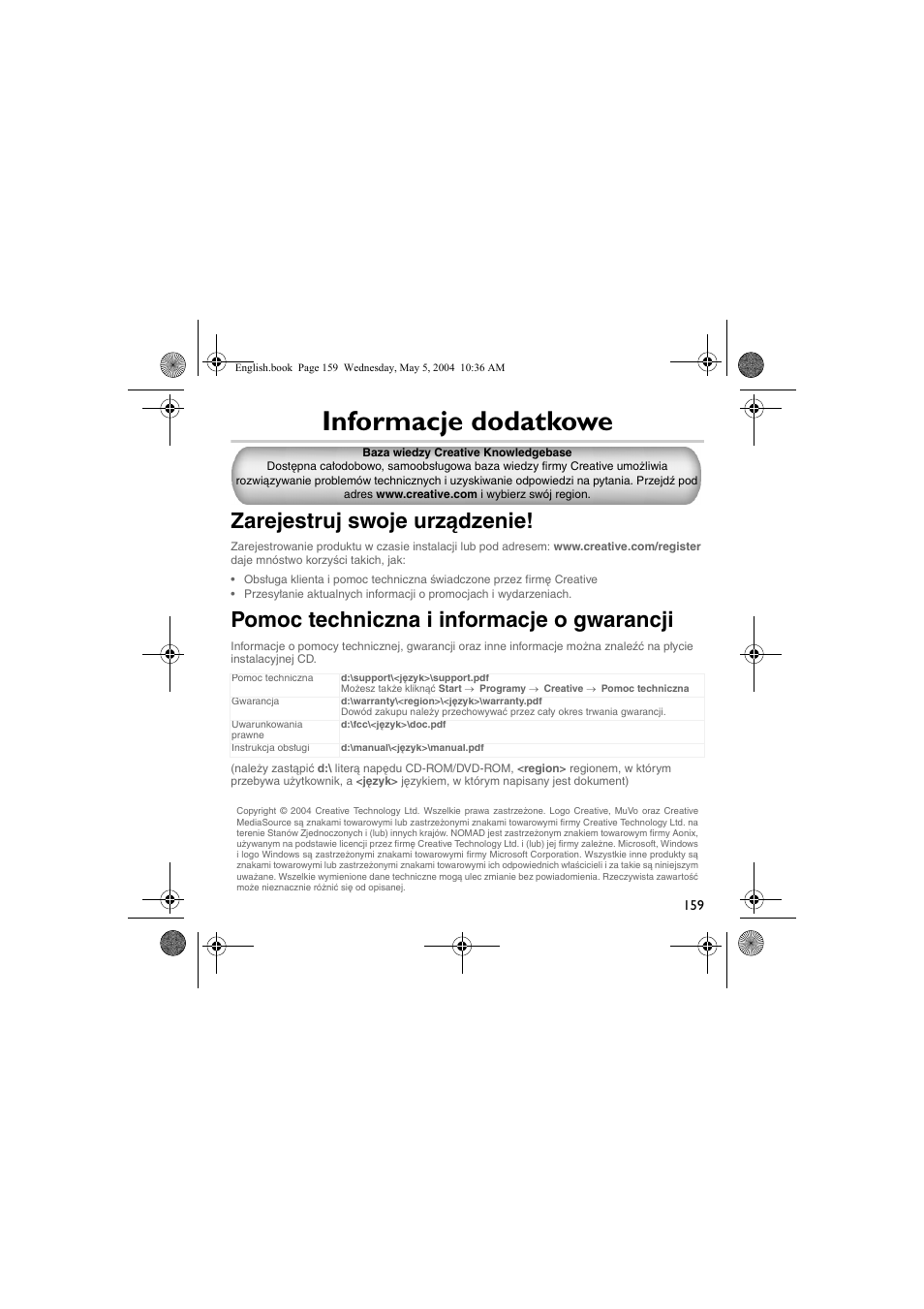 Informacje dodatkowe, Zarejestruj swoje urządzenie, Pomoc techniczna i informacje o gwarancji | Musica CD Player User Manual | Page 159 / 184