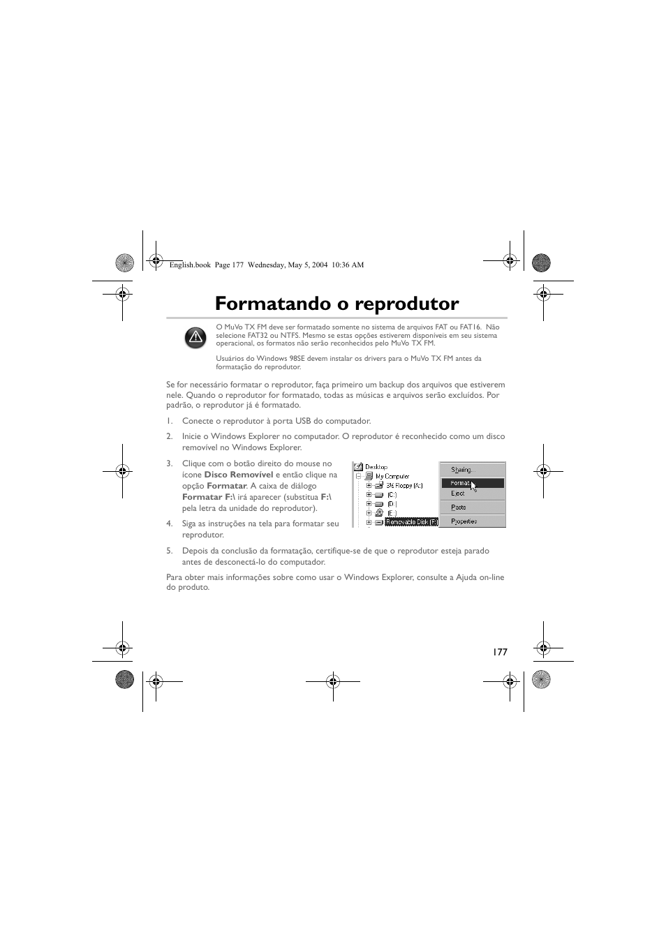 Formatando o reprodutor | Musica CD Player User Manual | Page 177 / 184