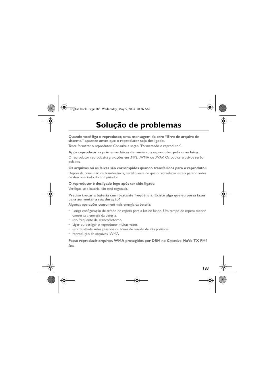 Solução de problemas | Musica CD Player User Manual | Page 183 / 184