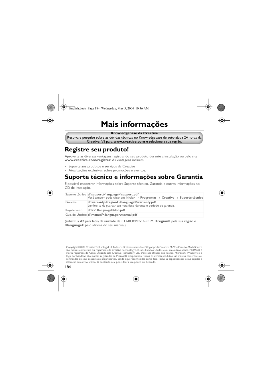 Mais informações, Registre seu produto, Suporte técnico e informações sobre garantia | Musica CD Player User Manual | Page 184 / 184