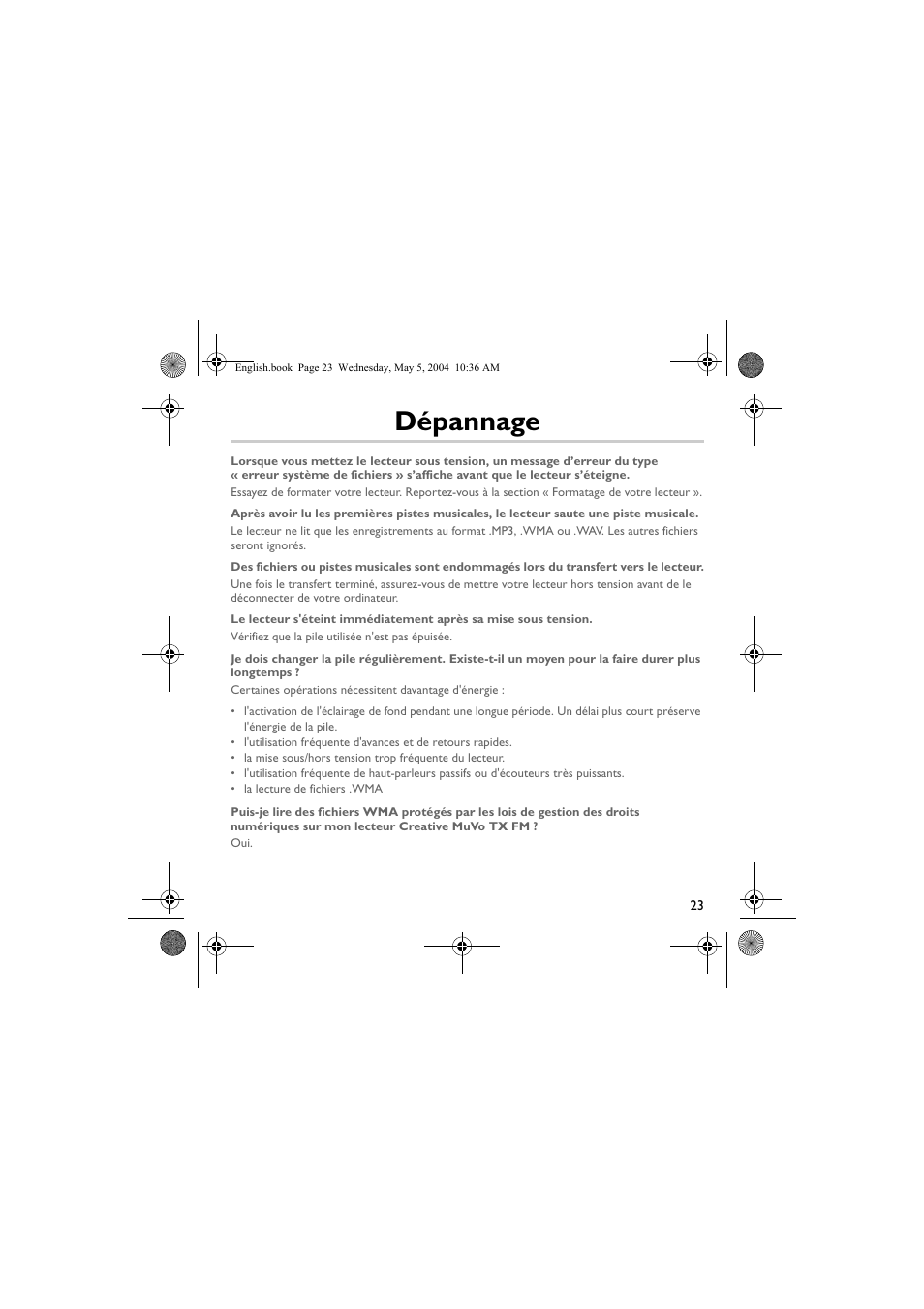 Dépannage | Musica CD Player User Manual | Page 23 / 184