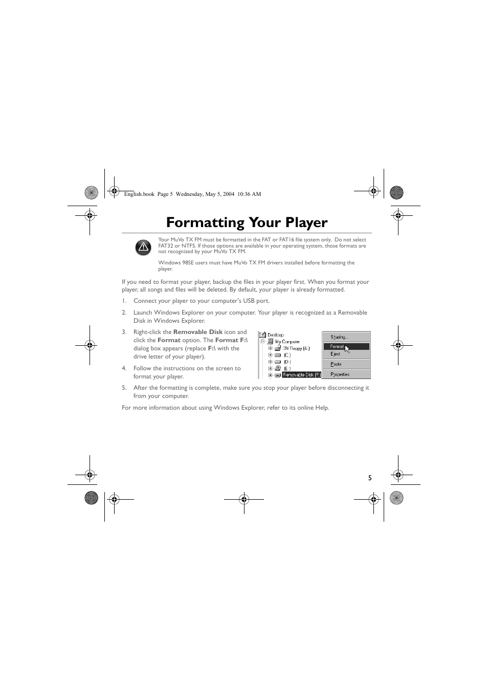 Formatting your player | Musica CD Player User Manual | Page 5 / 184