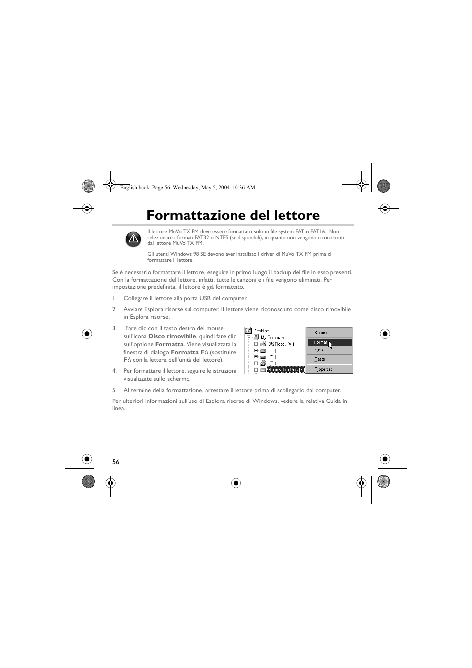 Formattazione del lettore | Musica CD Player User Manual | Page 56 / 184