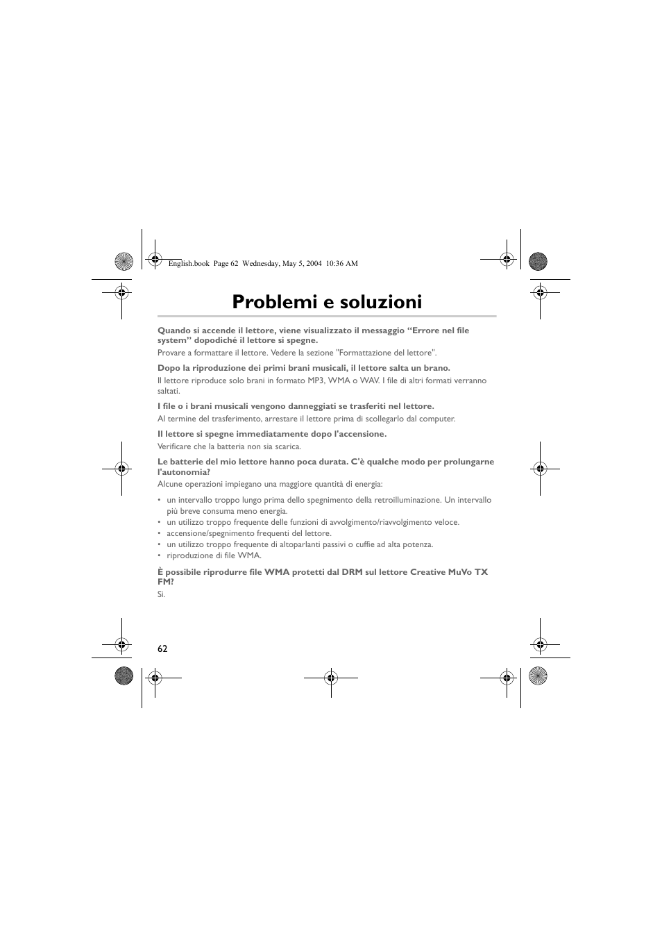 Problemi e soluzioni | Musica CD Player User Manual | Page 62 / 184
