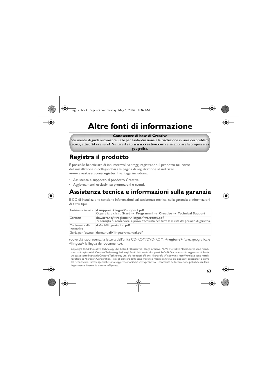 Altre fonti di informazione, Registra il prodotto, Assistenza tecnica e informazioni sulla garanzia | Musica CD Player User Manual | Page 63 / 184