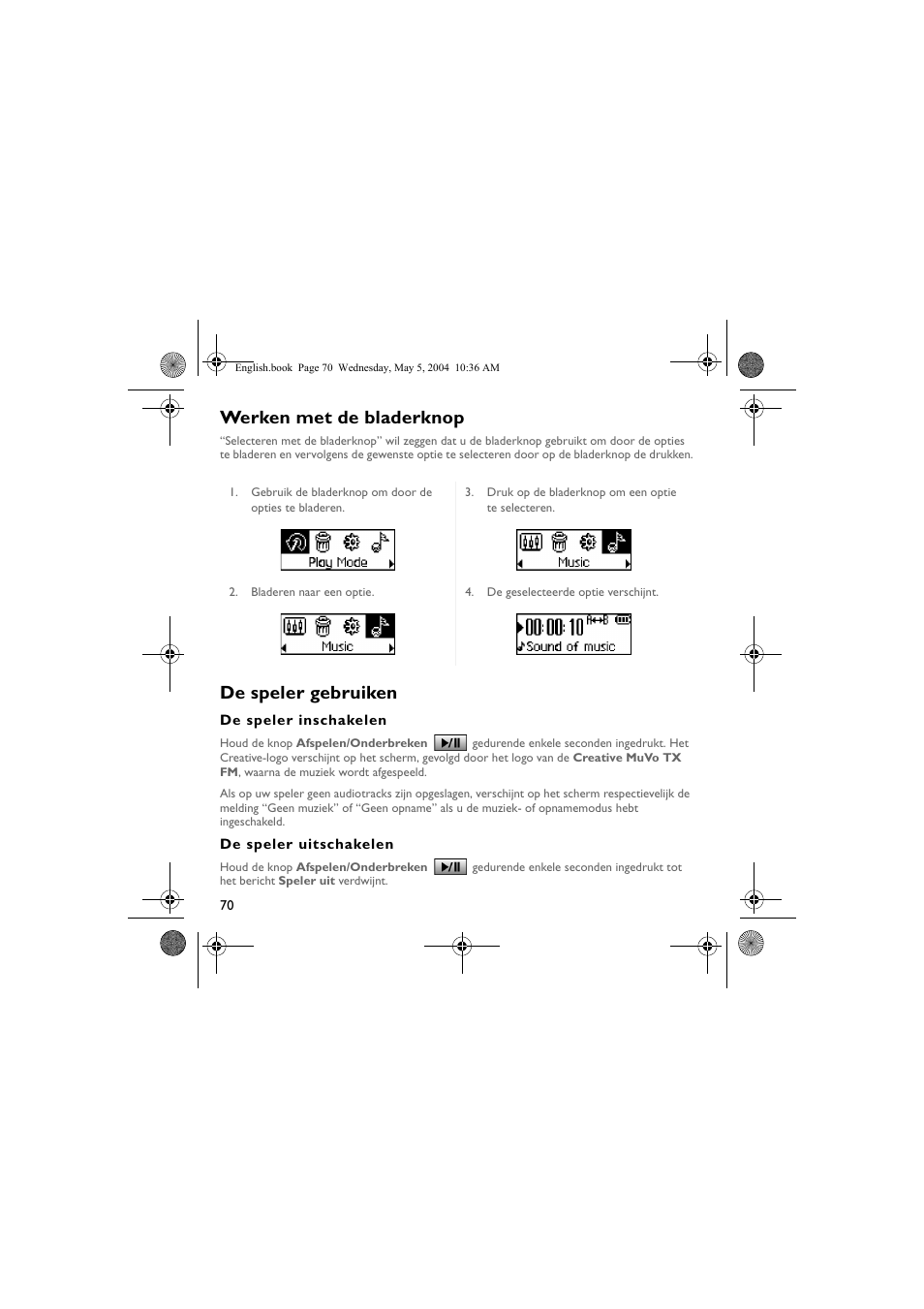 Werken met de bladerknop, De speler gebruiken | Musica CD Player User Manual | Page 70 / 184