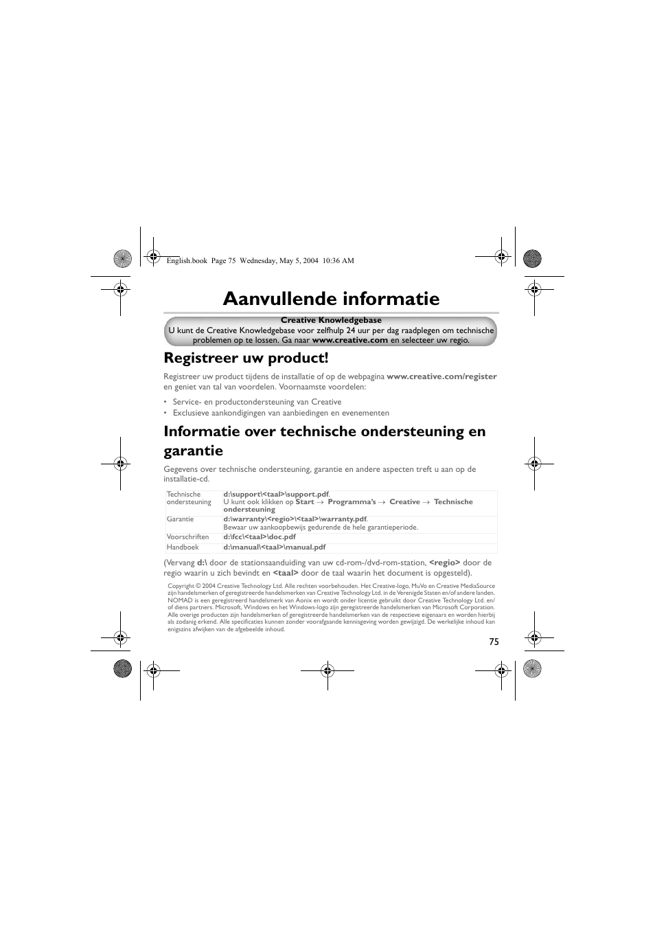 Aanvullende informatie, Registreer uw product | Musica CD Player User Manual | Page 75 / 184
