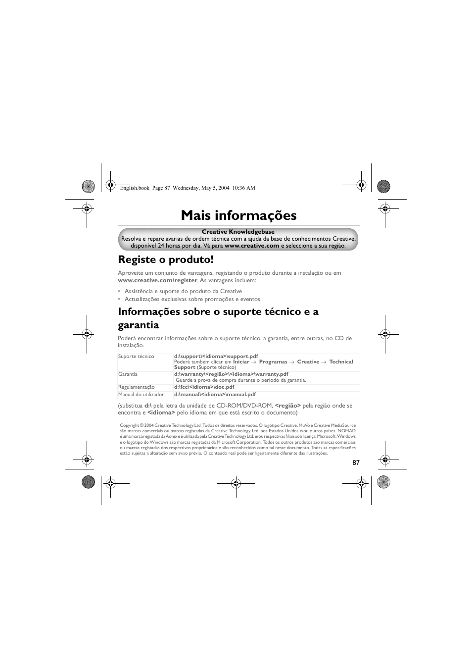 Mais informações, Registe o produto, Informações sobre o suporte técnico e a garantia | Musica CD Player User Manual | Page 87 / 184
