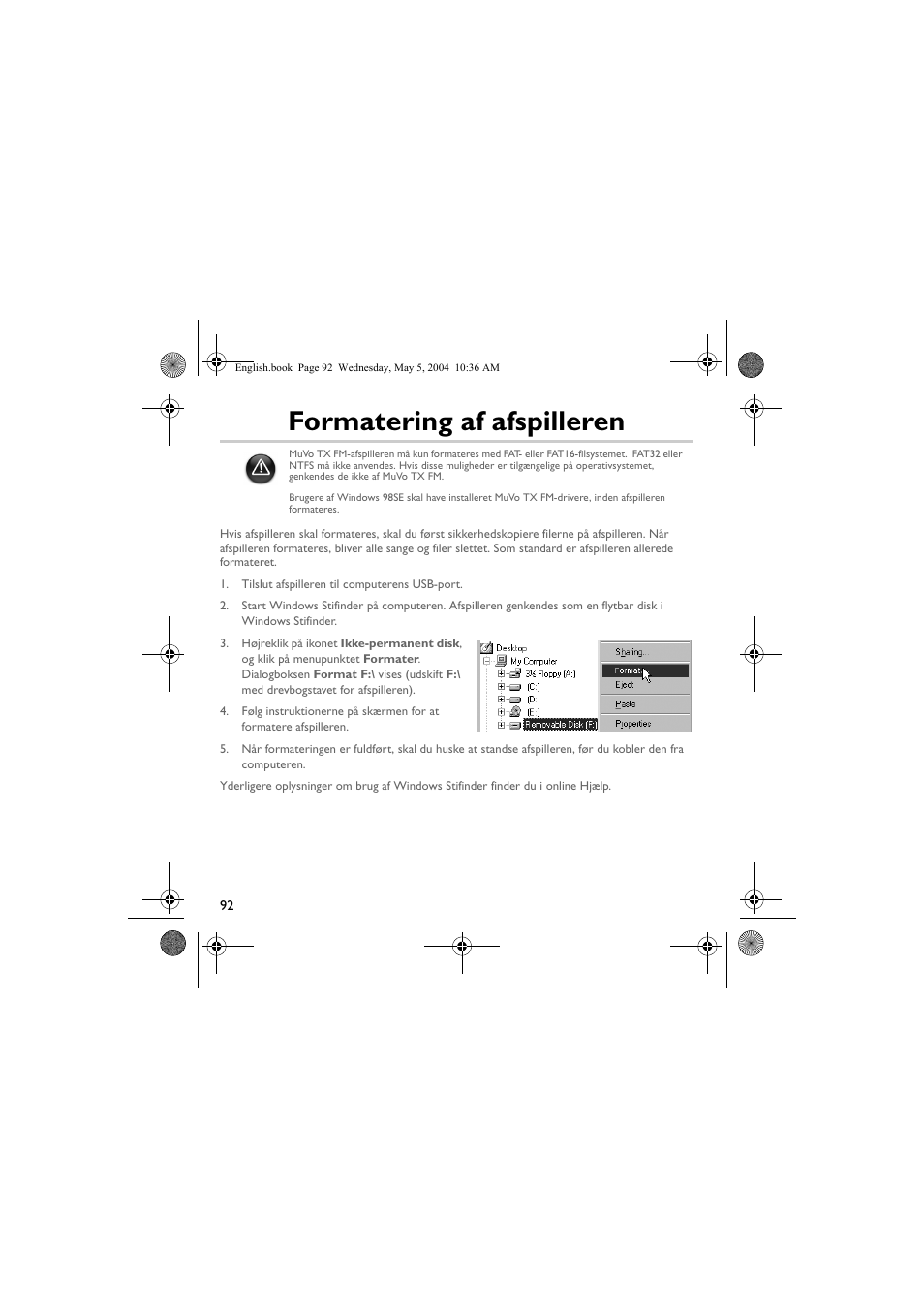 Formatering af afspilleren | Musica CD Player User Manual | Page 92 / 184