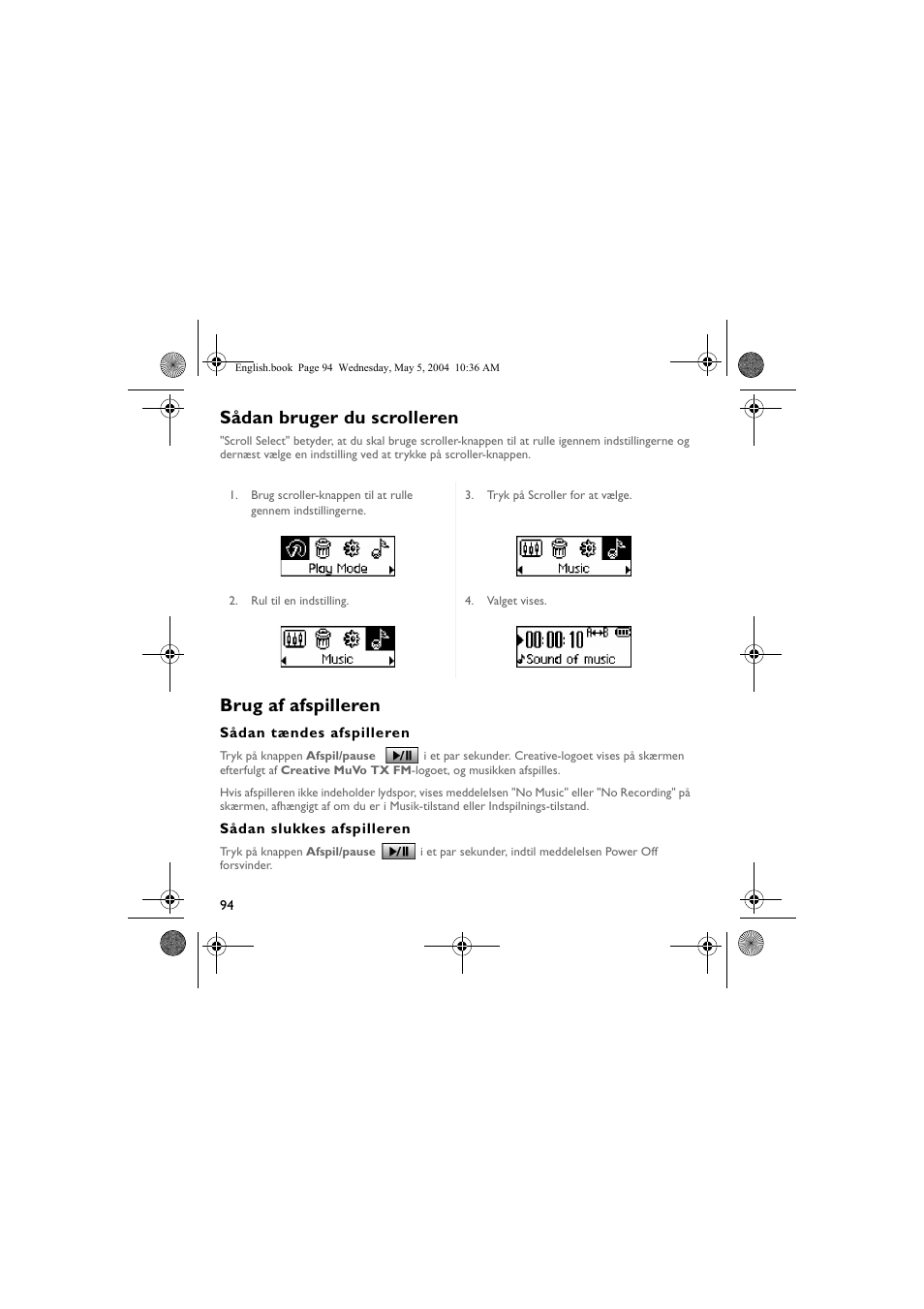 Sådan bruger du scrolleren, Brug af afspilleren | Musica CD Player User Manual | Page 94 / 184