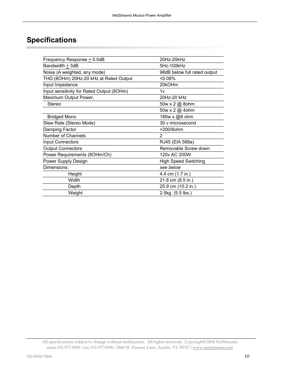 Specifications | ClearOne MU290 User Manual | Page 14 / 16