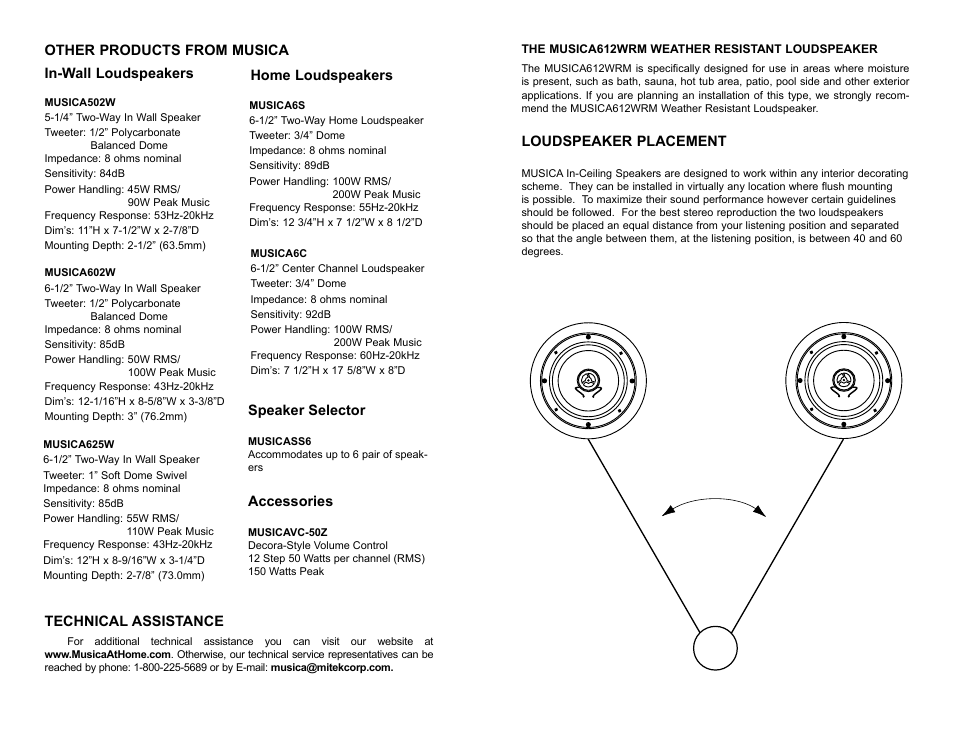 Loudspeaker placement, Technical assistance, Speaker selector | Accessories | Musica 21A7334 User Manual | Page 3 / 4
