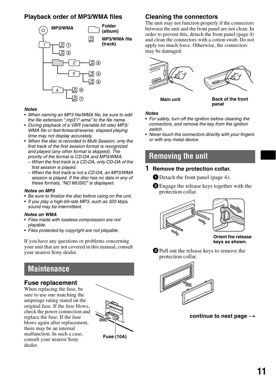 Maintenance, Removing the unit, Maintenance removing the unit | Playback order of mp3/wma files, Fuse replacement, Cleaning the connectors | Musica CDX-GT210 User Manual | Page 11 / 32