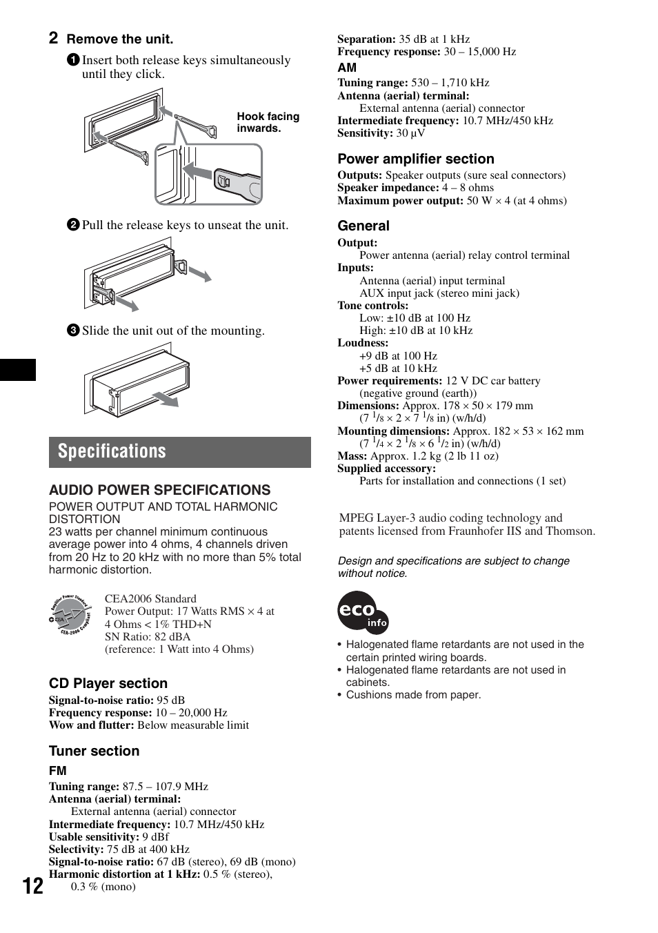 Specifications | Musica CDX-GT210 User Manual | Page 12 / 32