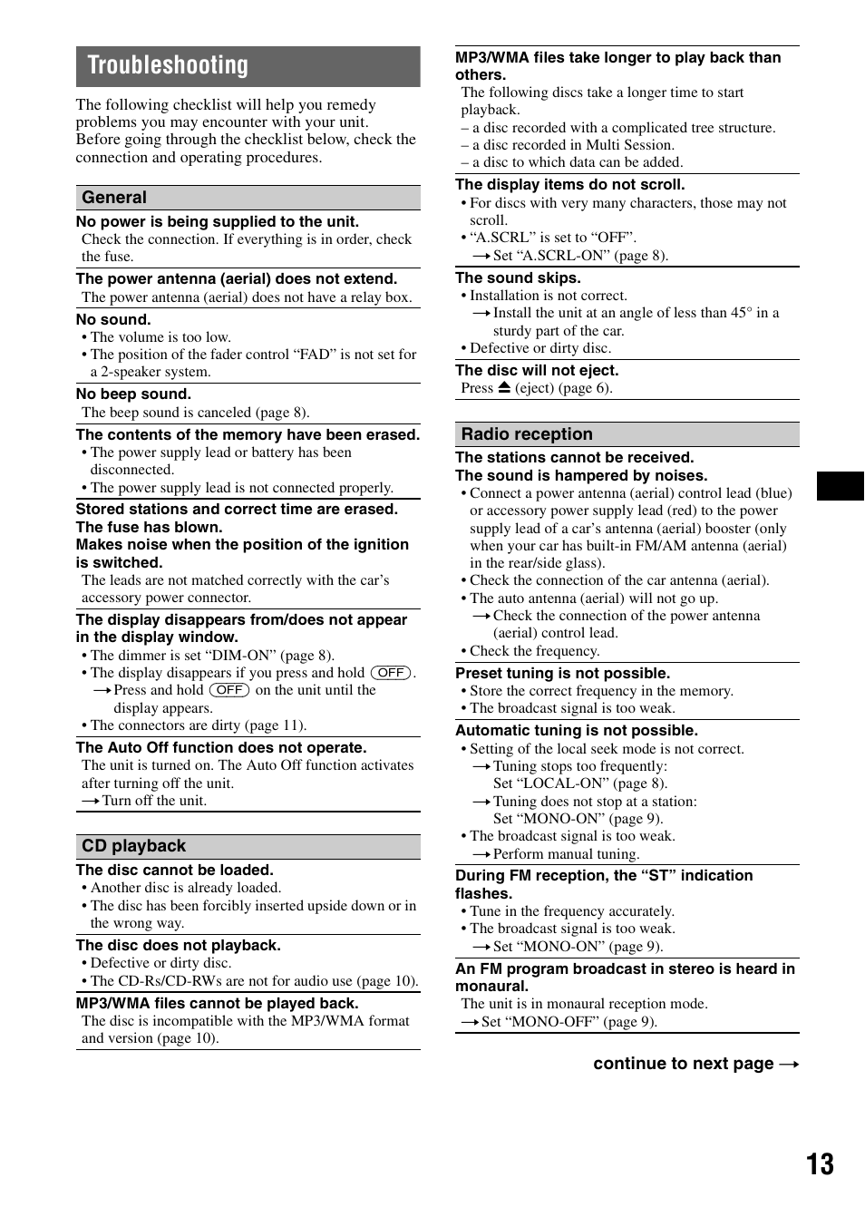 Troubleshooting | Musica CDX-GT210 User Manual | Page 13 / 32