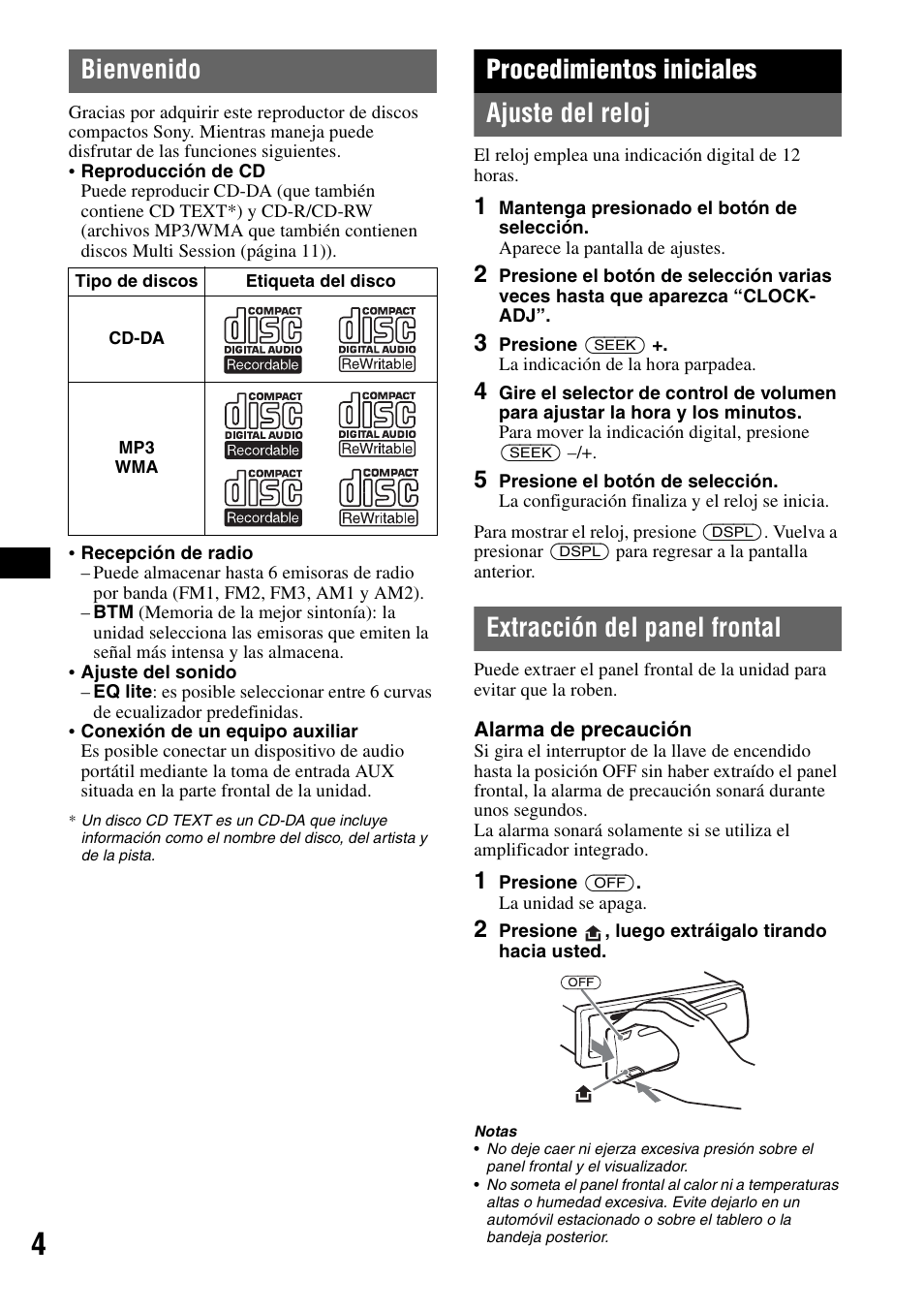 Bienvenido, Procedimientos iniciales, Ajuste del reloj | Extracción del panel frontal, Ajuste del reloj extracción del panel frontal, Procedimientos iniciales ajuste del reloj | Musica CDX-GT210 User Manual | Page 18 / 32