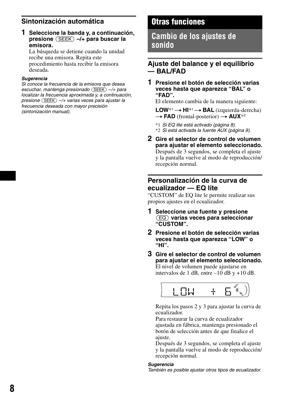 Sintonización automática, Otras funciones, Cambio de los ajustes de sonido | Ajuste del balance y el equilibrio - bal/fad, Otras funciones cambio de los ajustes de sonido | Musica CDX-GT210 User Manual | Page 22 / 32