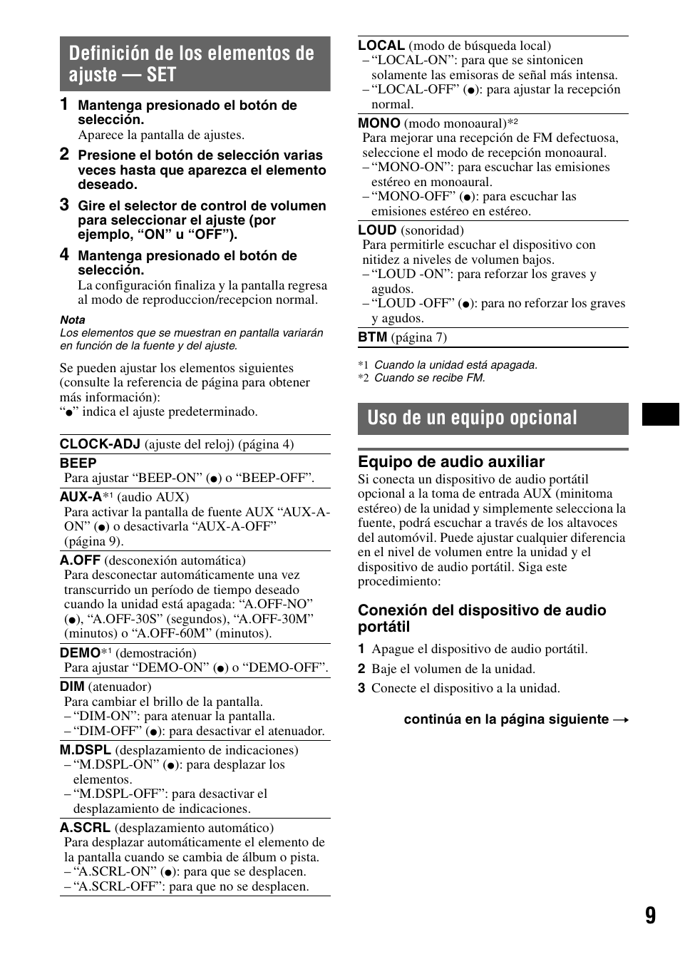Definición de los elementos de ajuste - set, Uso de un equipo opcional, Equipo de audio auxiliar | Definición de los elementos de ajuste — set | Musica CDX-GT210 User Manual | Page 23 / 32