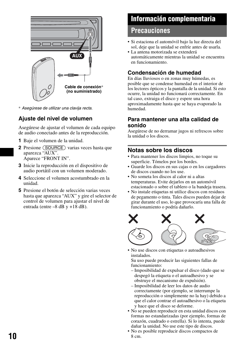 Información complementaria, Precauciones, Notas sobre los discos | Información complementaria precauciones | Musica CDX-GT210 User Manual | Page 24 / 32