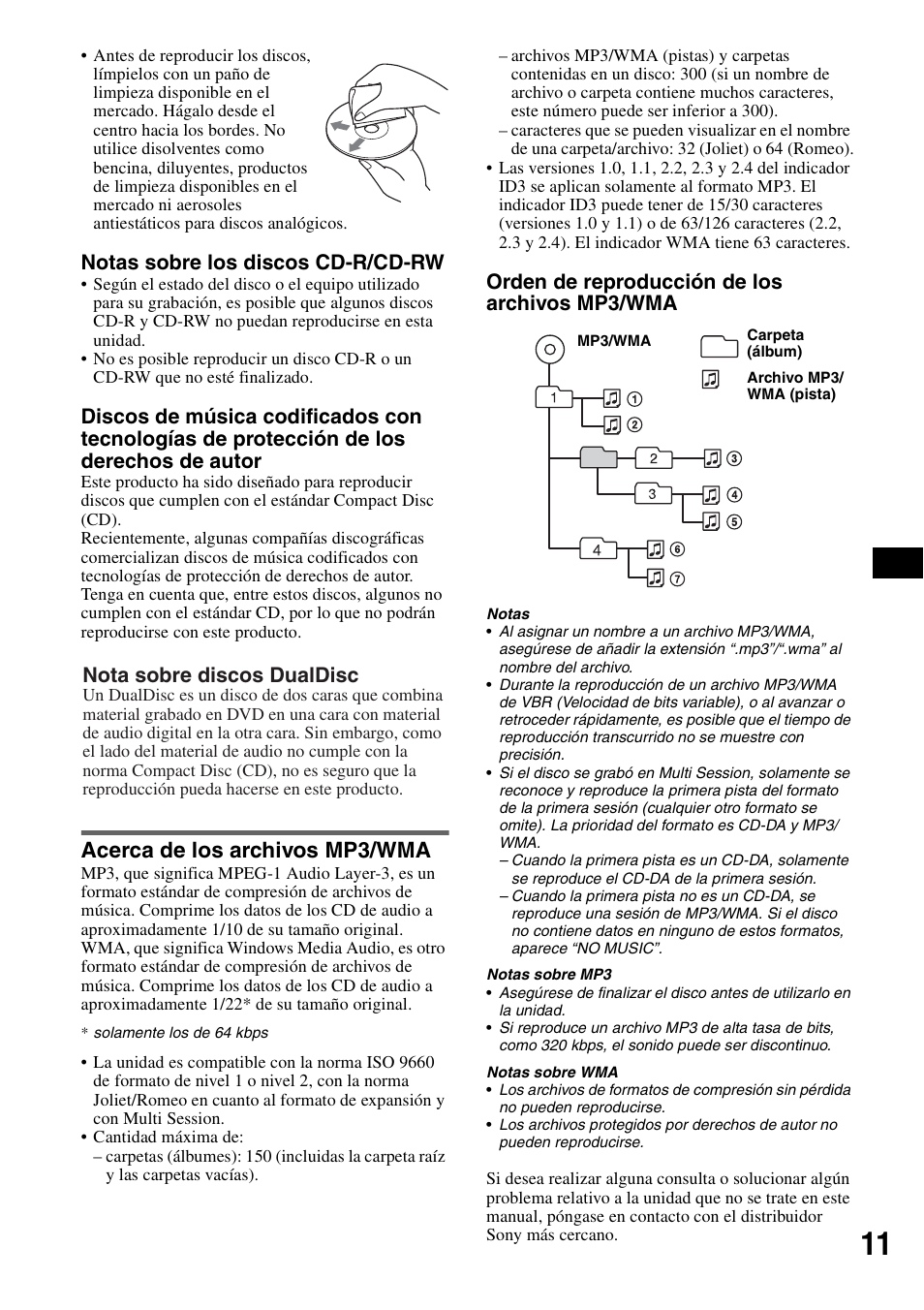 Acerca de los archivos mp3/wma, Notas sobre los discos cd-r/cd-rw, Orden de reproducción de los archivos mp3/wma | Nota sobre discos dualdisc | Musica CDX-GT210 User Manual | Page 25 / 32