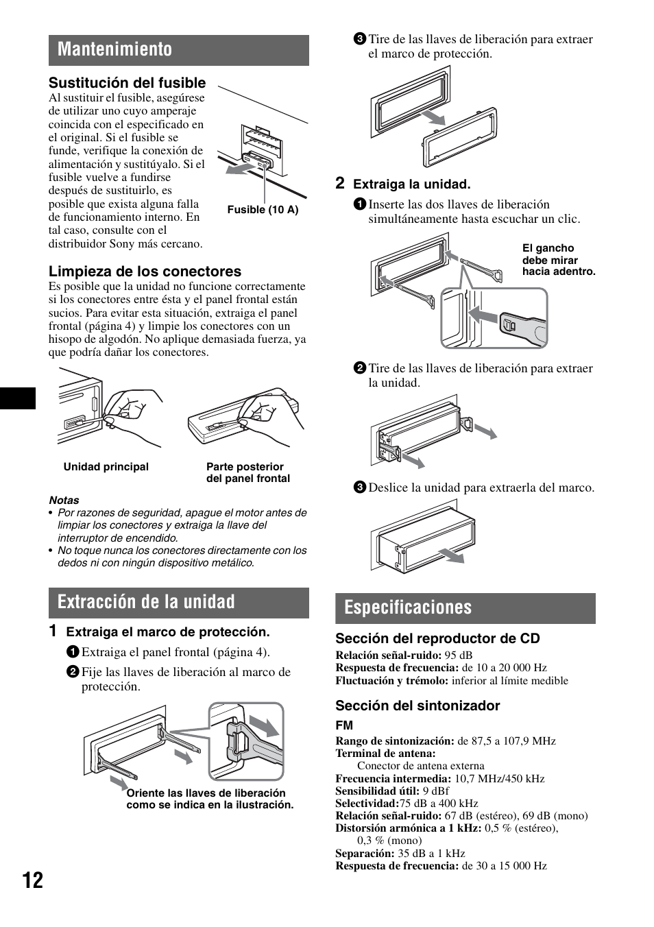 Mantenimiento, Extracción de la unidad, Especificaciones | Musica CDX-GT210 User Manual | Page 26 / 32