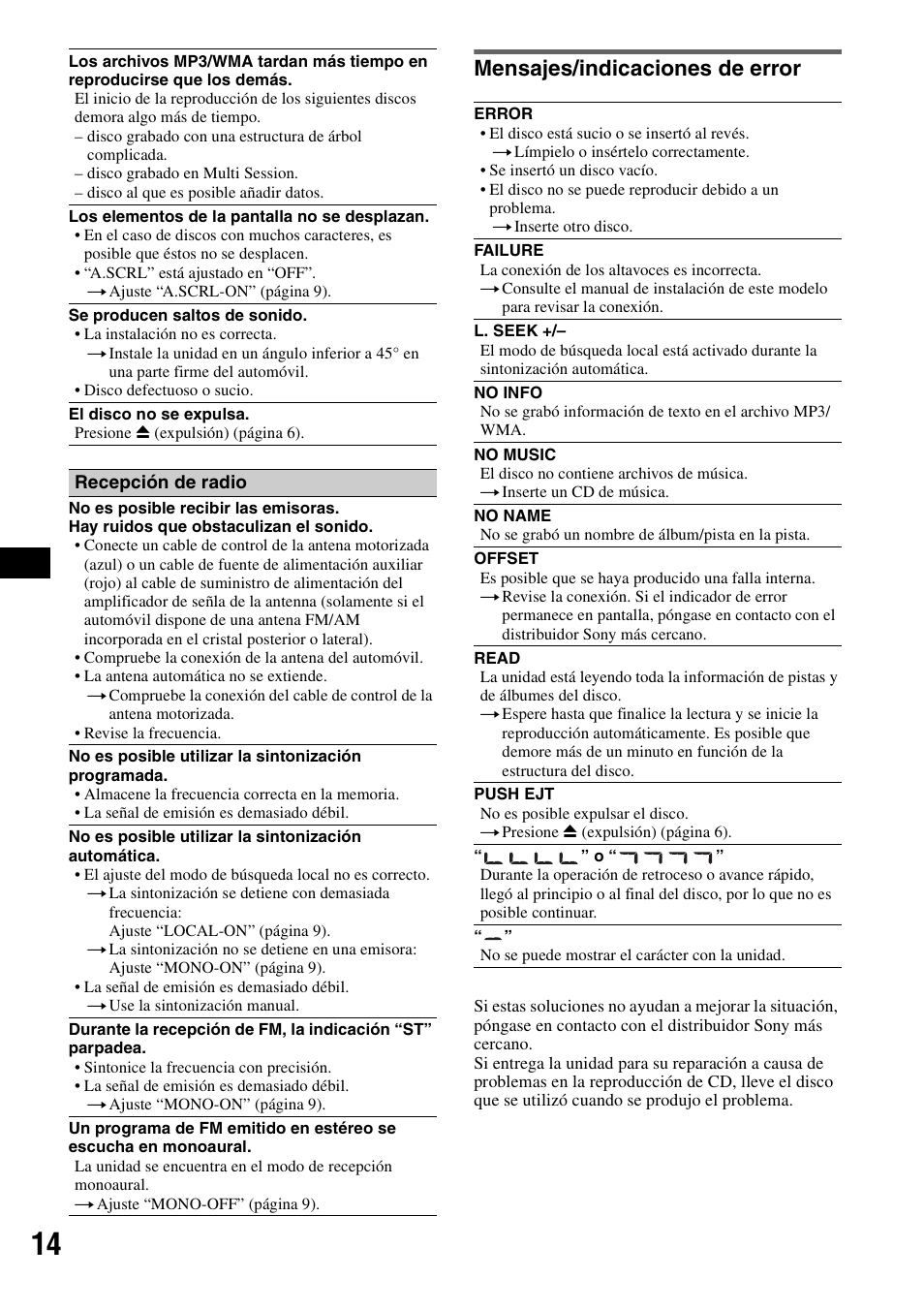 Mensajes/indicaciones de error | Musica CDX-GT210 User Manual | Page 28 / 32