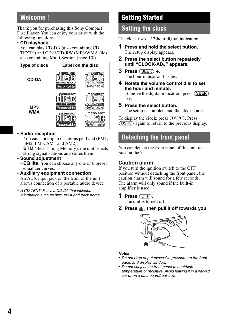 Welcome, Getting started, Setting the clock | Detaching the front panel, Setting the clock detaching the front panel, Getting started setting the clock | Musica CDX-GT210 User Manual | Page 4 / 32