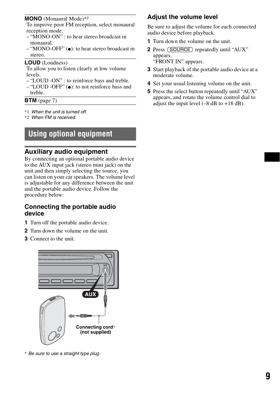 Using optional equipment, Auxiliary audio equipment | Musica CDX-GT210 User Manual | Page 9 / 32