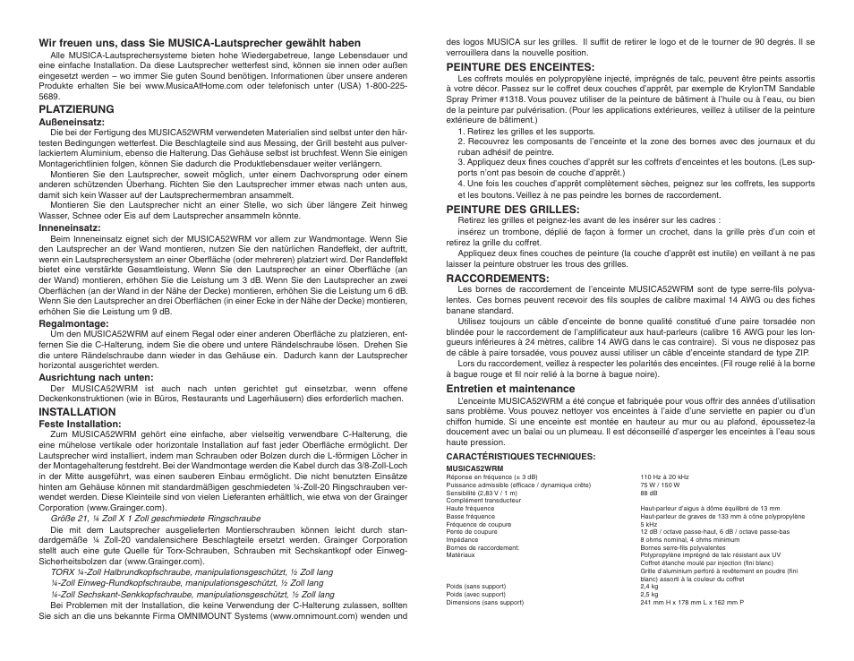 Peinture des enceintes, Peinture des grilles, Raccordements | Entretien et maintenance, Platzierung, Installation | Musica 52WRM User Manual | Page 5 / 6