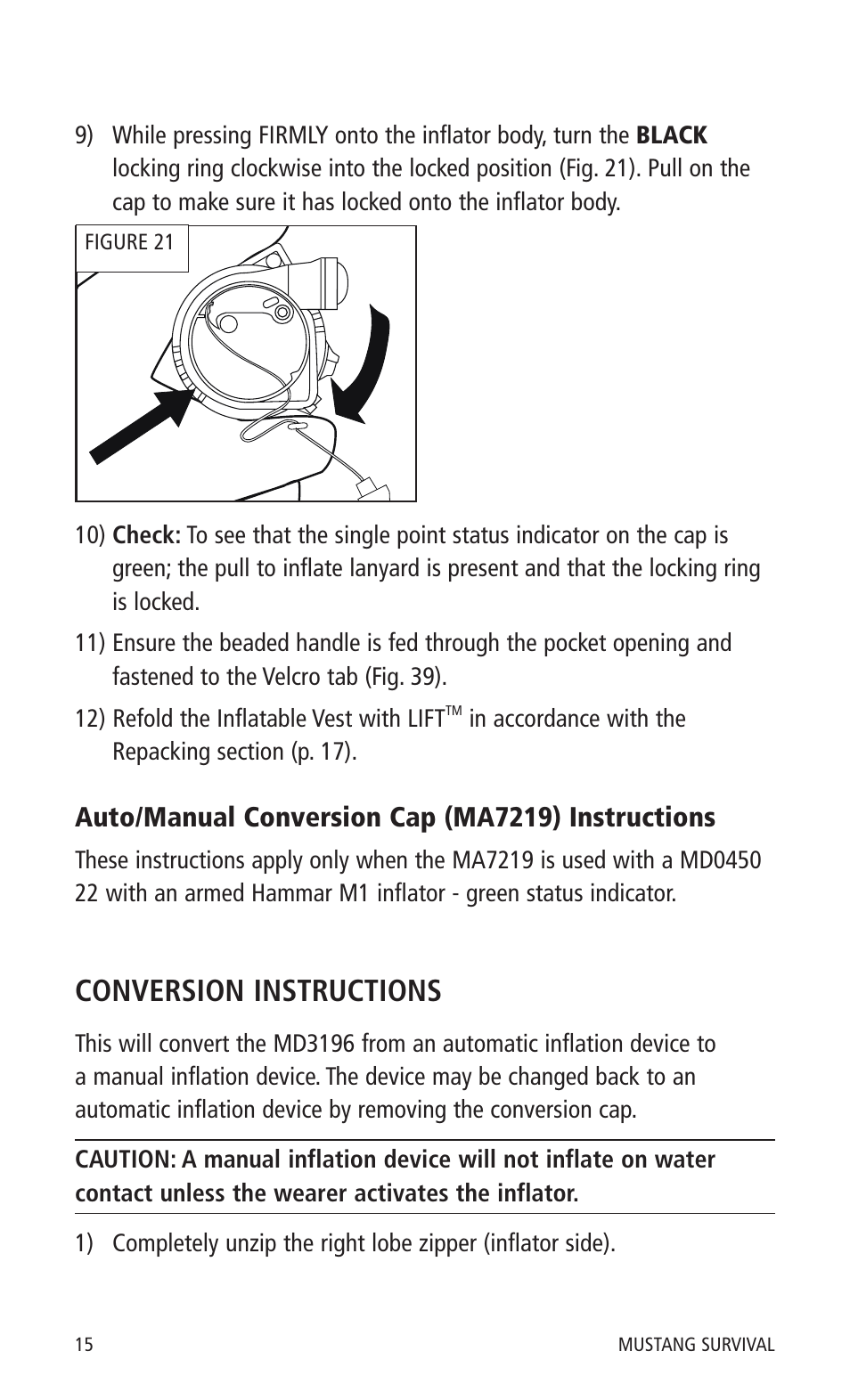 Conversion instructions, Auto/manual conversion cap (ma7219) instructions | Mustang Survival MD0450 22 User Manual | Page 18 / 36