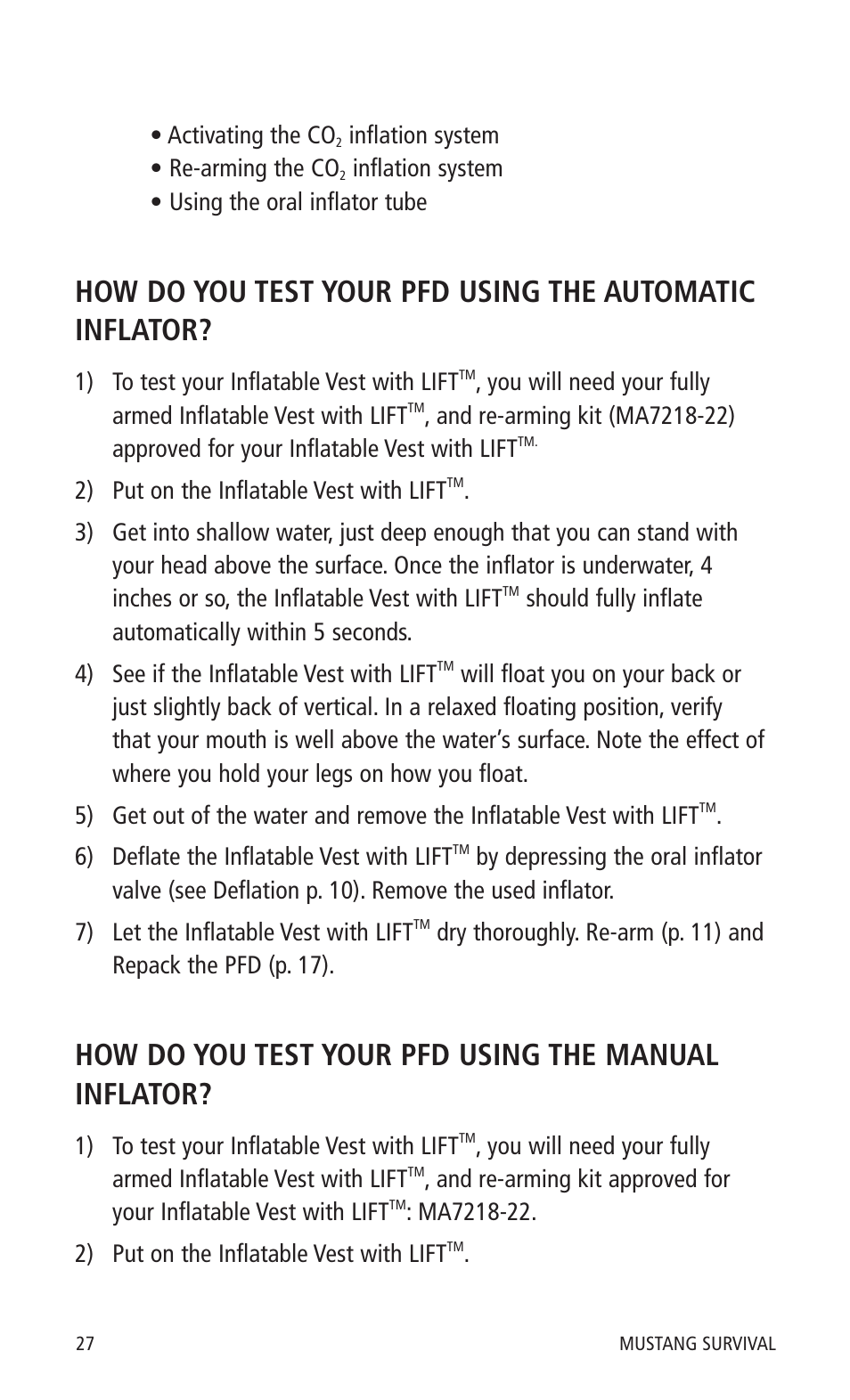 How do you test your pfd using the manual inflator | Mustang Survival MD0450 22 User Manual | Page 30 / 36