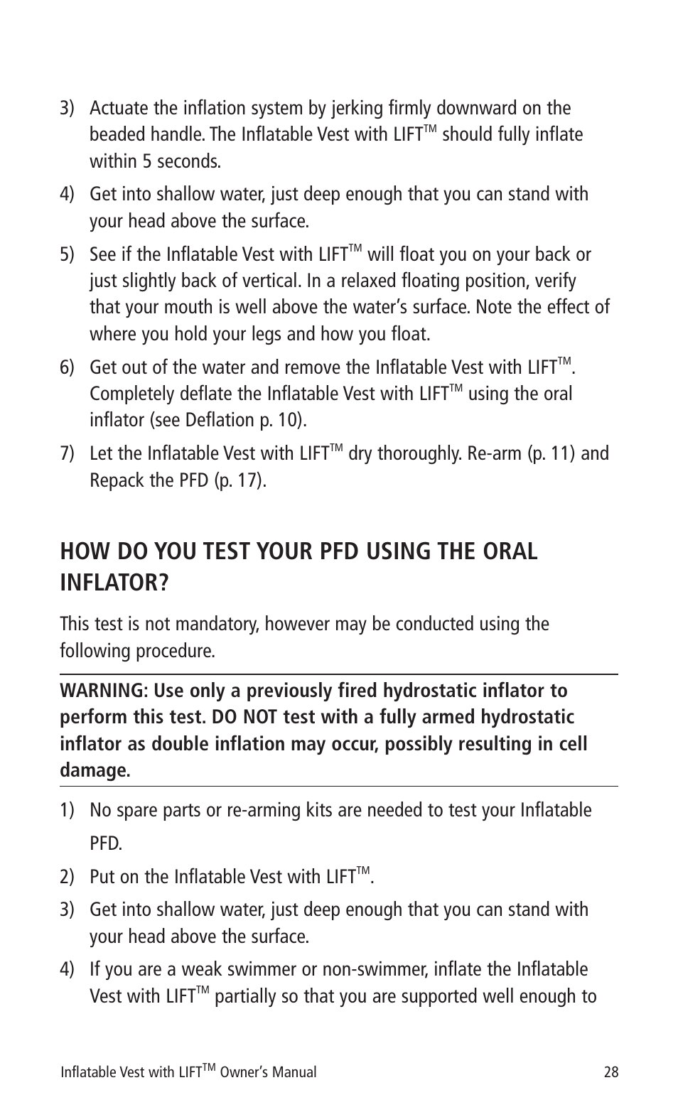 How do you test your pfd using the oral inflator | Mustang Survival MD0450 22 User Manual | Page 31 / 36