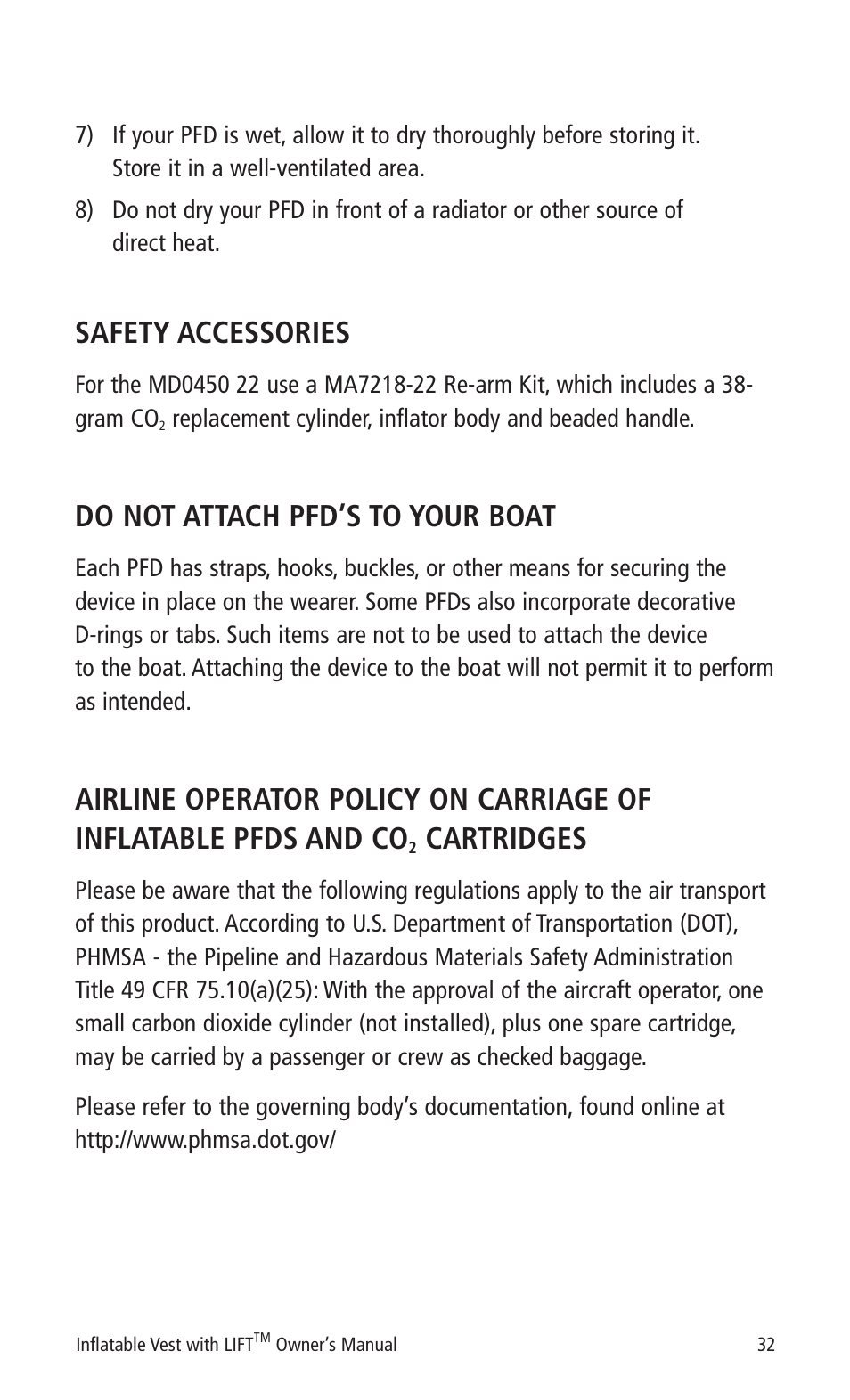 Safety accessories, Do not attach pfd’s to your boat, Cartridges | Mustang Survival MD0450 22 User Manual | Page 35 / 36
