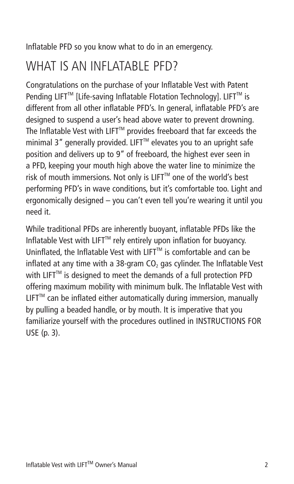 What is an inflatable pfd, Life-saving inflatable flotation technology]. lift, With lift | Gas cylinder. the inflatable vest with lift | Mustang Survival MD0450 22 User Manual | Page 5 / 36