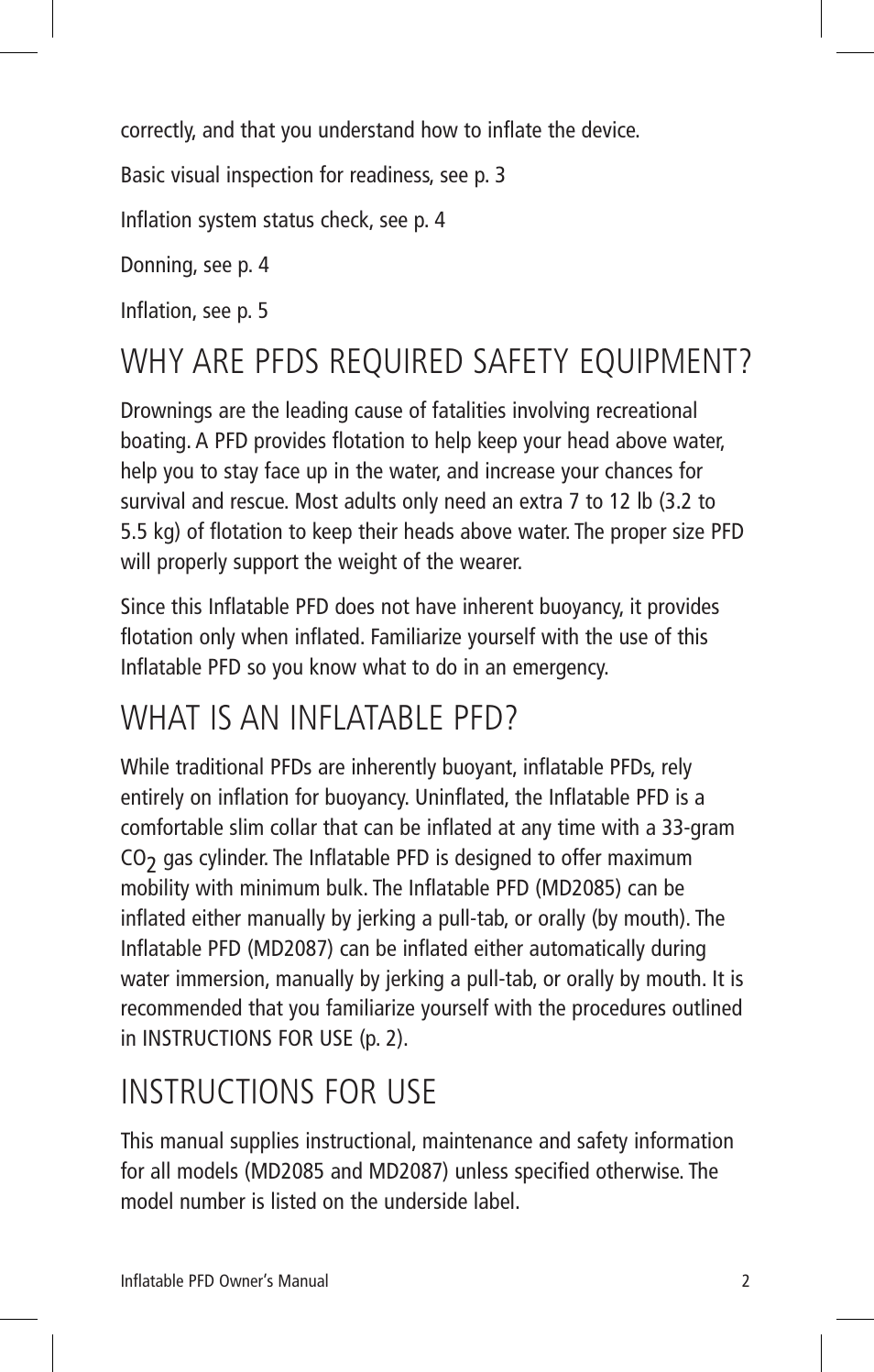 Why are pfds required safety equipment, What is an inflatable pfd, Instructions for use | Mustang Survival MD2085 User Manual | Page 4 / 26