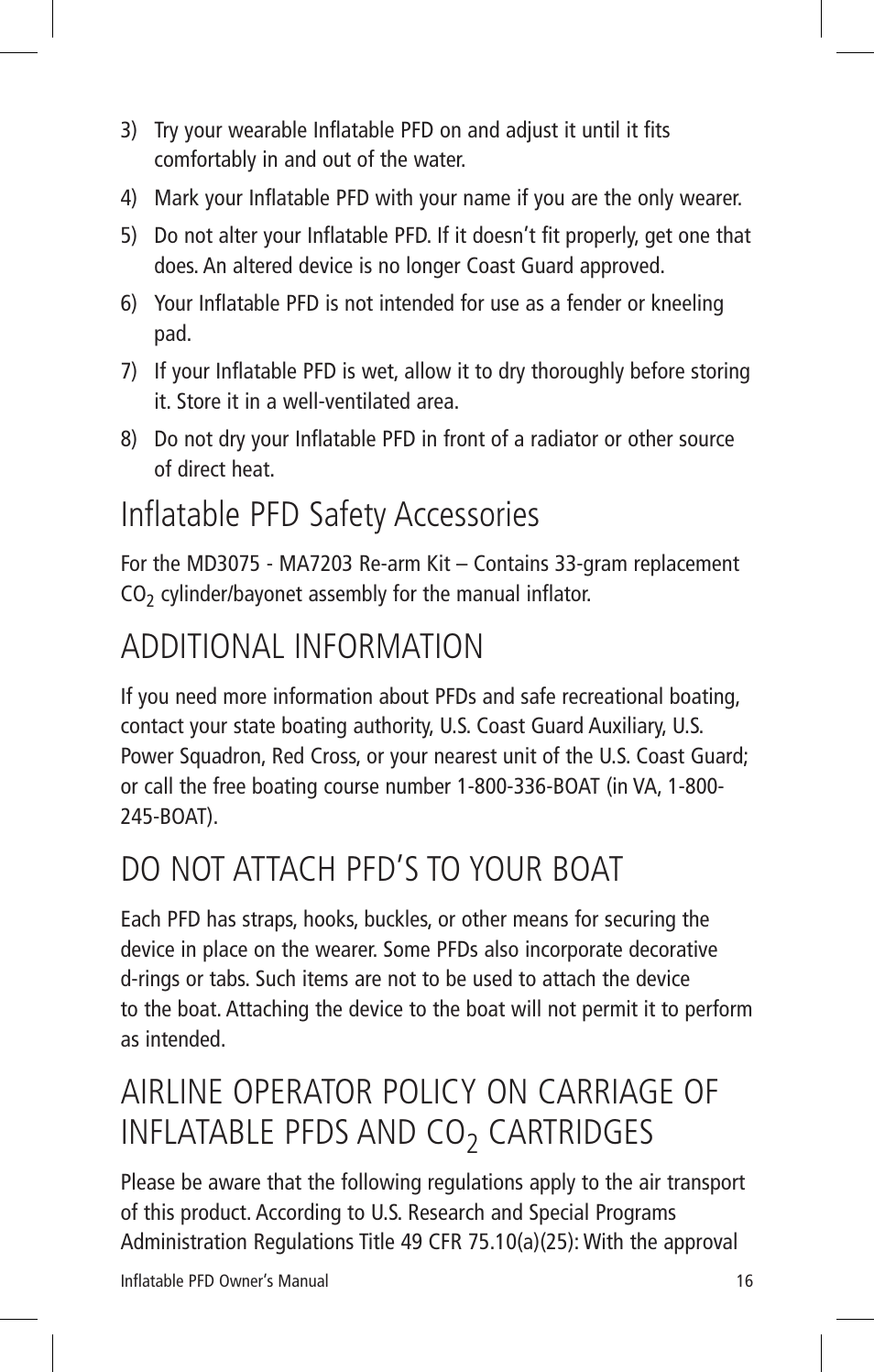 Inflatable pfd safety accessories, Additional information, Do not attach pfd’s to your boat | Cartridges | Mustang Survival MD3075 User Manual | Page 18 / 20