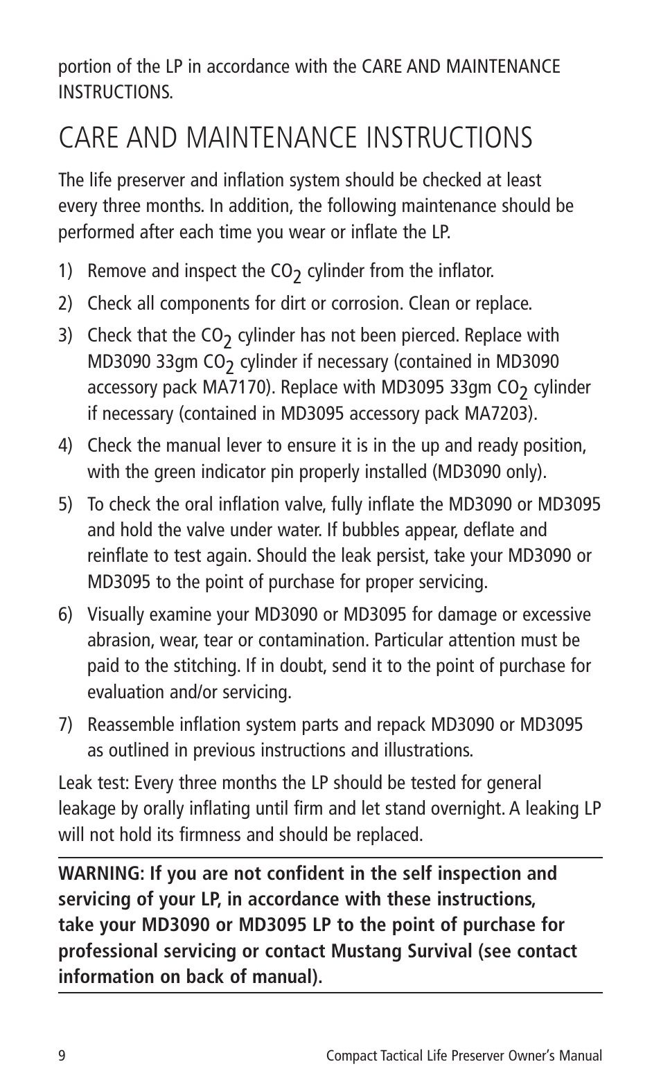Care and maintenance instructions | Mustang Survival MD3090 User Manual | Page 11 / 22