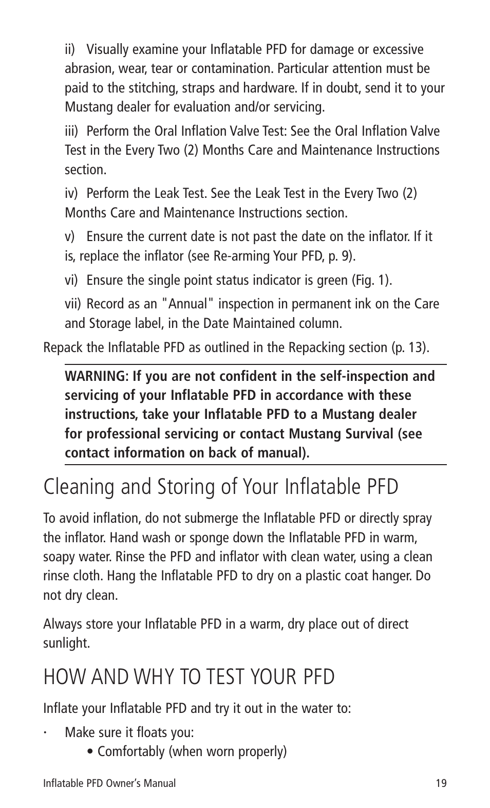 Cleaning and storing of your inflatable pfd, How and why to test your pfd | Mustang Survival MD3183 User Manual | Page 21 / 28