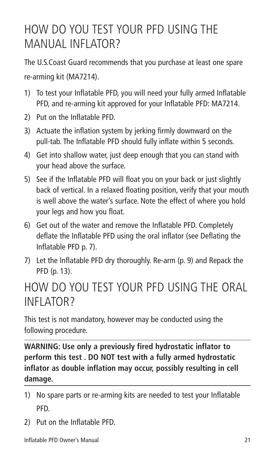 How do you test your pfd using the manual inflator, How do you test your pfd using the oral inflator | Mustang Survival MD3183 User Manual | Page 23 / 28
