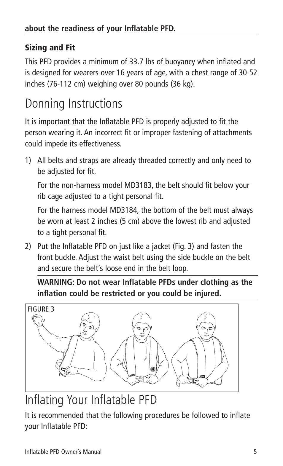 Donning instructions, Inflating your inflatable pfd | Mustang Survival MD3183 User Manual | Page 7 / 28