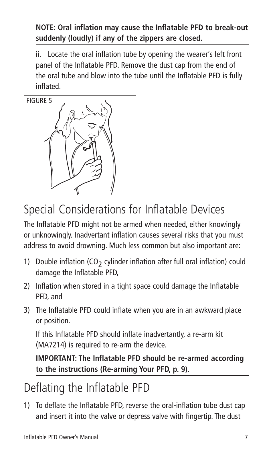 Special considerations for inflatable devices, Deflating the inflatable pfd | Mustang Survival MD3183 User Manual | Page 9 / 28