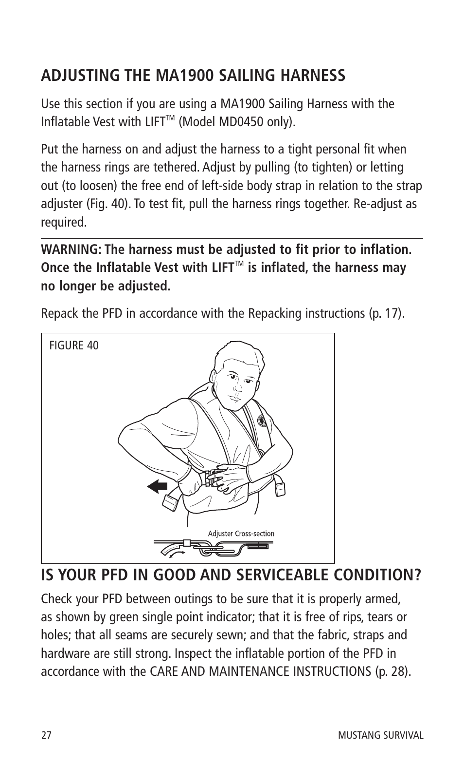 Adjusting the ma1900 sailing harness, Is your pfd in good and serviceable condition | Mustang Survival MD0450 User Manual | Page 30 / 42