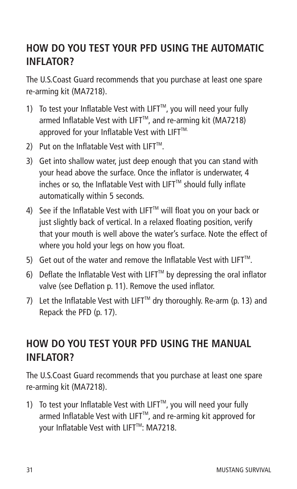 How do you test your pfd using the manual inflator | Mustang Survival MD0450 User Manual | Page 34 / 42