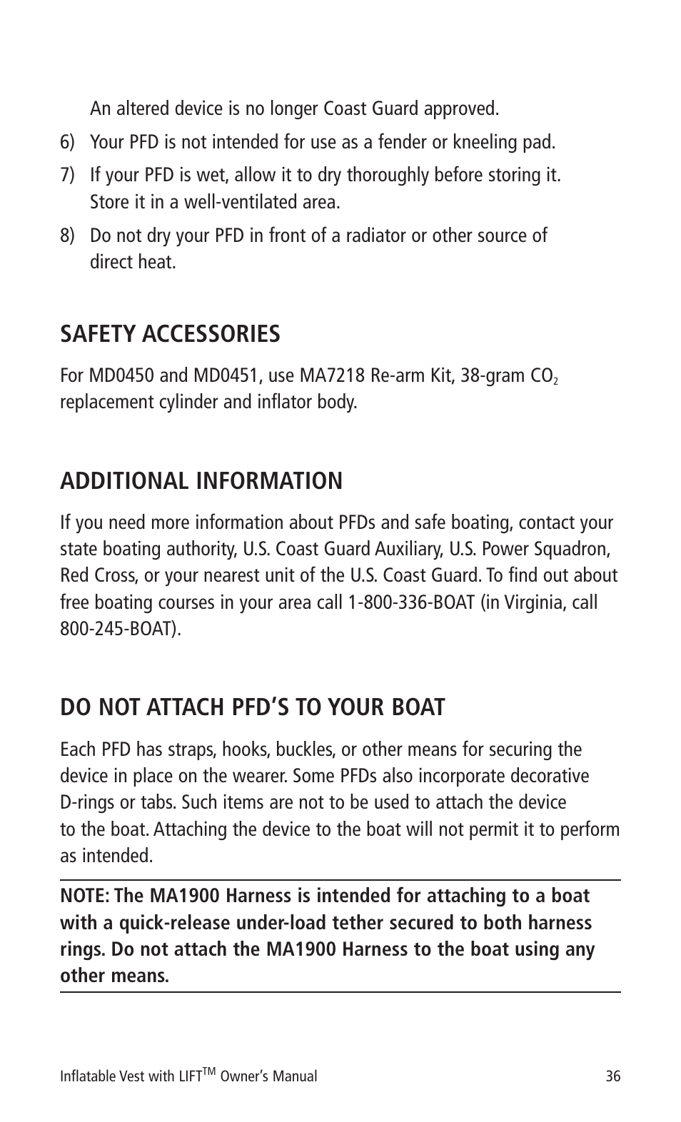 Safety accessories, Additional information, Do not attach pfd’s to your boat | Mustang Survival MD0450 User Manual | Page 39 / 42