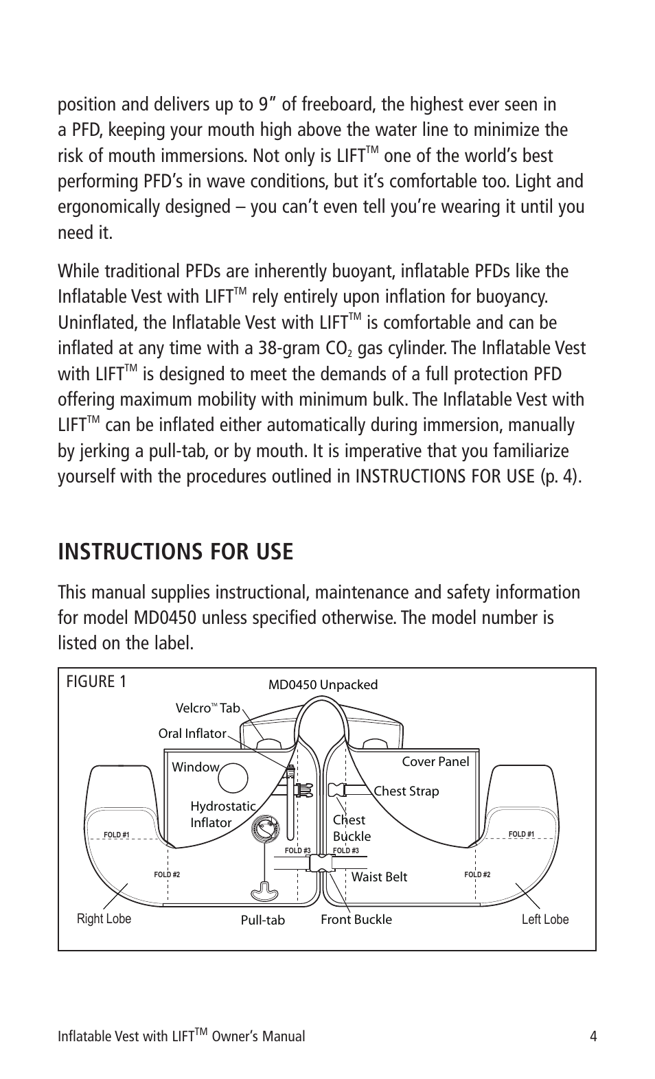 Instructions for use, With lift, Gas cylinder. the inflatable vest with lift | Figure 1 | Mustang Survival MD0450 User Manual | Page 7 / 42