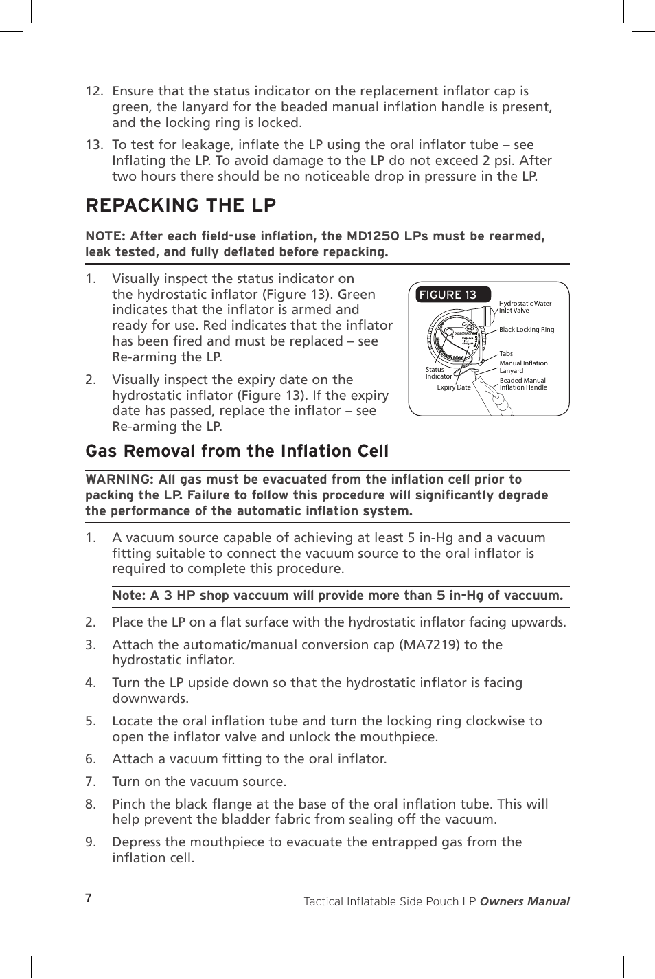 Repacking the lp, Gas removal from the inflation cell | Mustang Survival MD1250 User Manual | Page 10 / 16